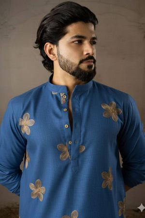 Men's Blue Embroidered Linen Kurta Sets