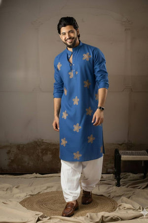 Men's Blue Embroidered Linen Kurta Sets