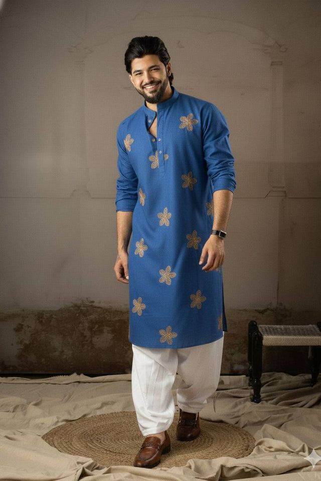 Men's Blue Embroidered Linen Kurta Sets