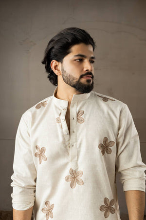 Men's Beige Embroidered Linen Kurta Sets