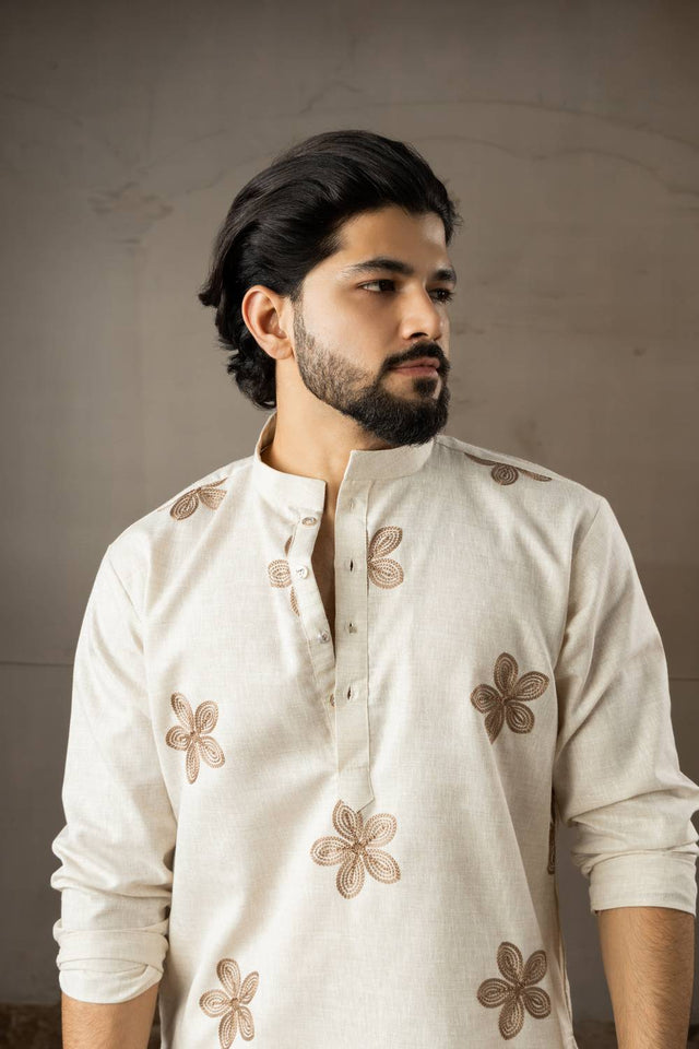 Men's Beige Embroidered Linen Kurta Sets