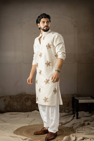 Men's Beige Embroidered Linen Kurta Sets