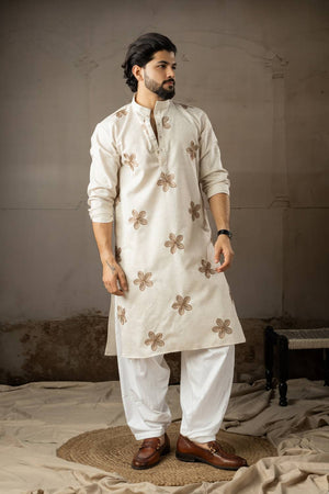 Men's Beige Embroidered Linen Kurta Sets