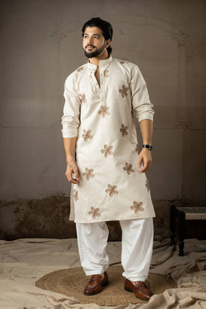 Men's Beige Embroidered Linen Kurta Sets