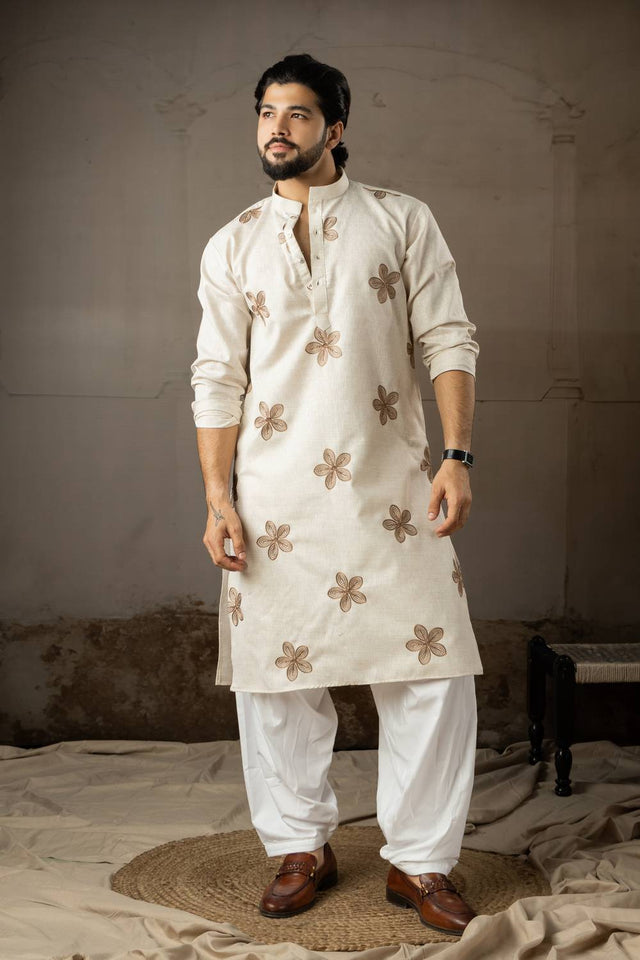 Men's Beige Embroidered Linen Kurta Sets