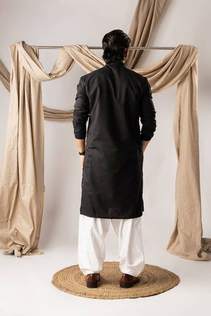 Men's Black Embroidered Linen Kurta Sets