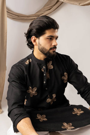 Men's Black Embroidered Linen Kurta Sets