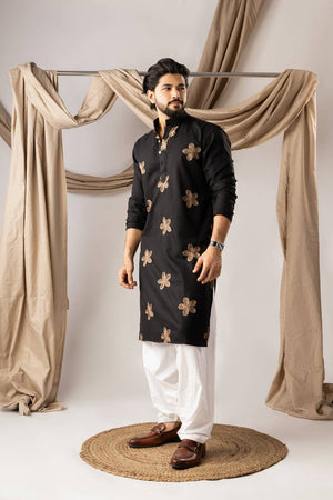 Men's Black Embroidered Linen Kurta Sets