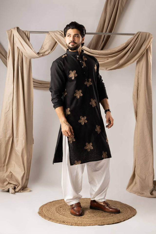 Men's Black Embroidered Linen Kurta Sets