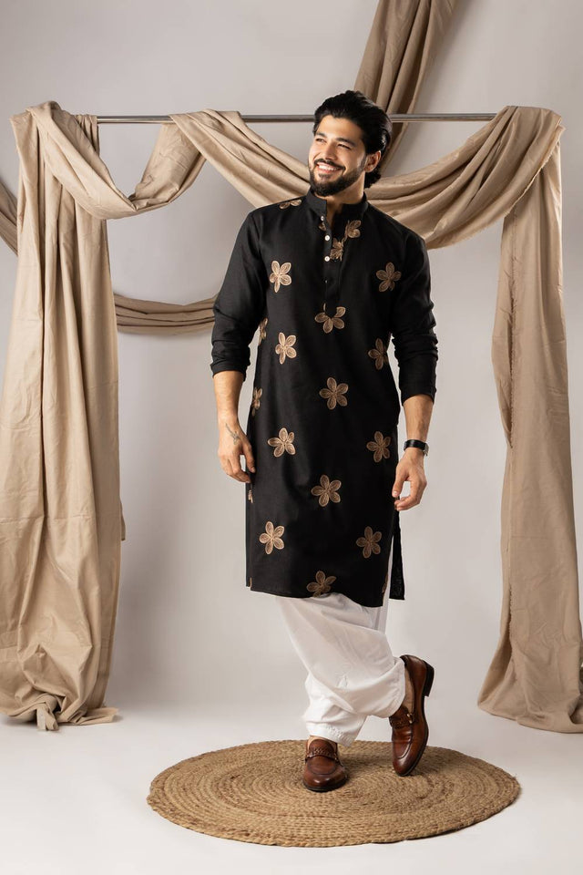 Men's Black Embroidered Linen Kurta Sets