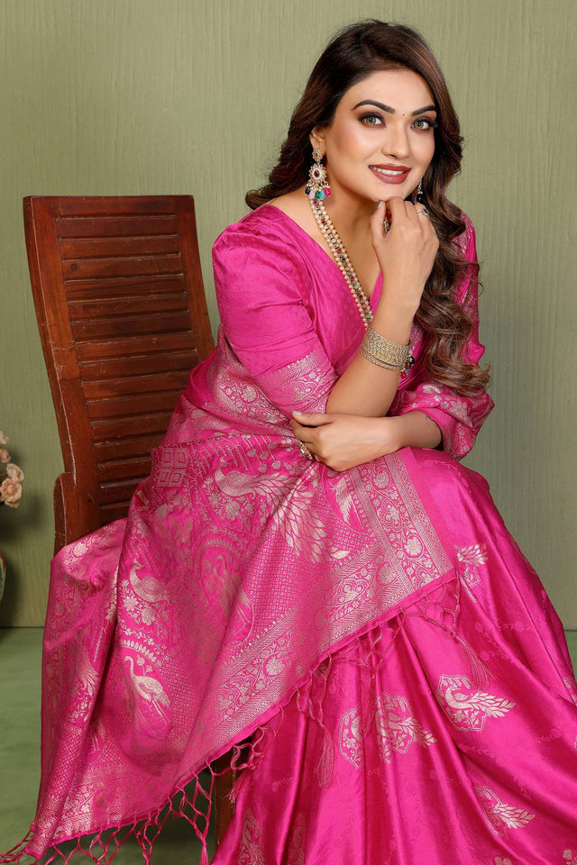 Pink Woven Satin Saree