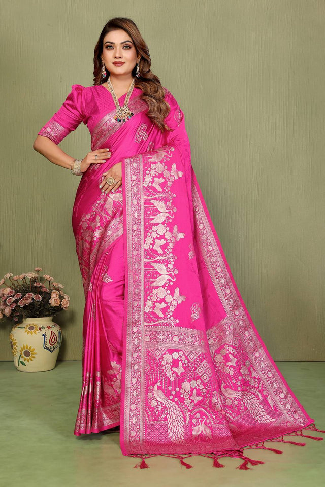 Pink Woven Satin Saree