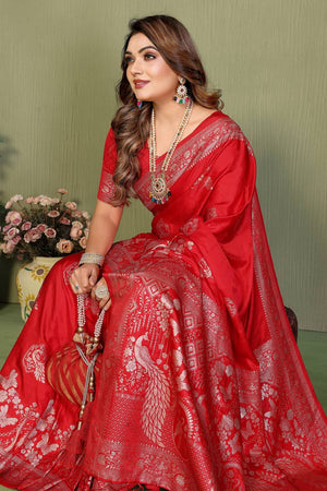 Red Woven Satin Saree