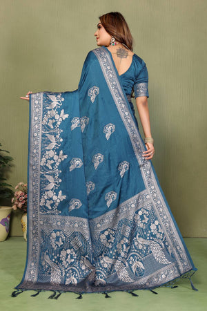 Turquoise Woven Satin Saree