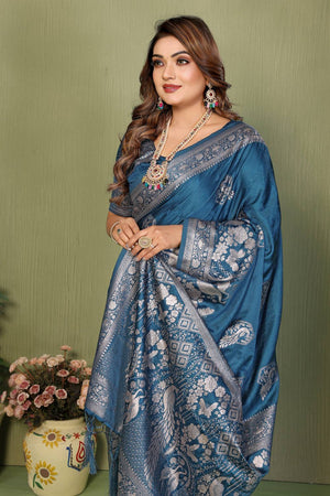 Turquoise Woven Satin Saree