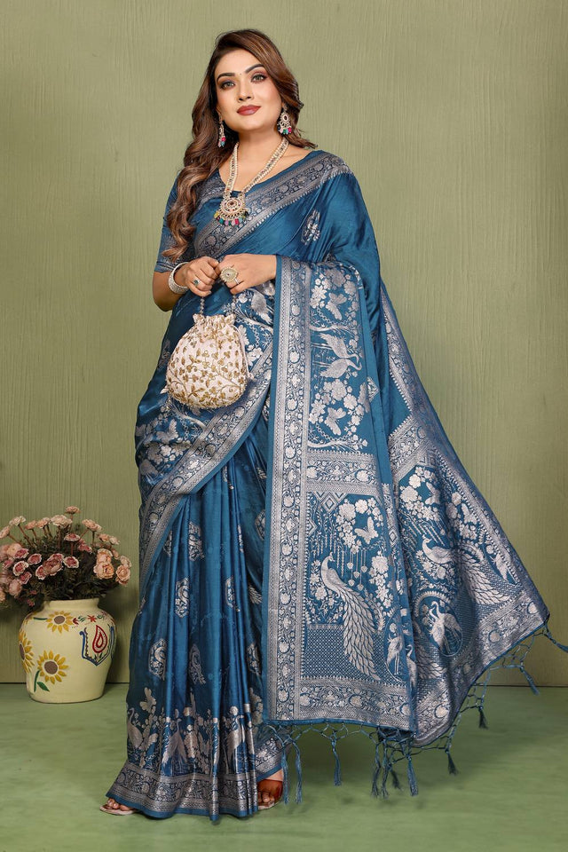 Turquoise Woven Satin Saree