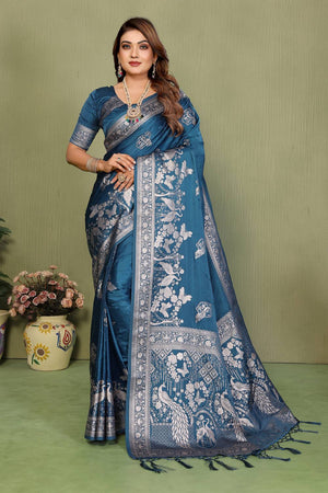 Turquoise Woven Satin Saree