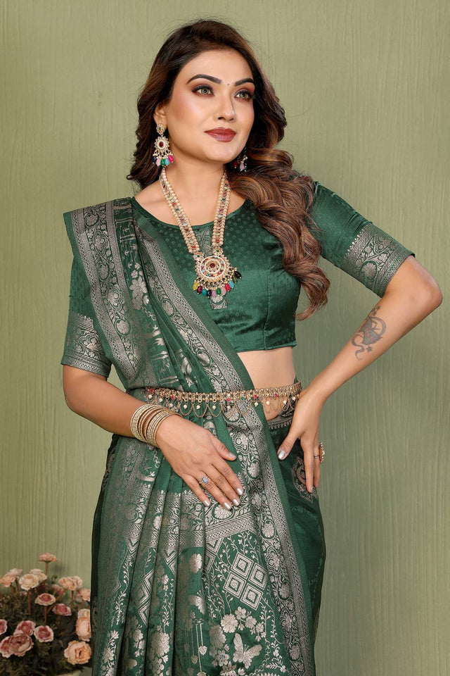 Green Woven Satin Saree