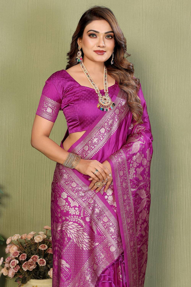 Magenta Woven Satin Saree