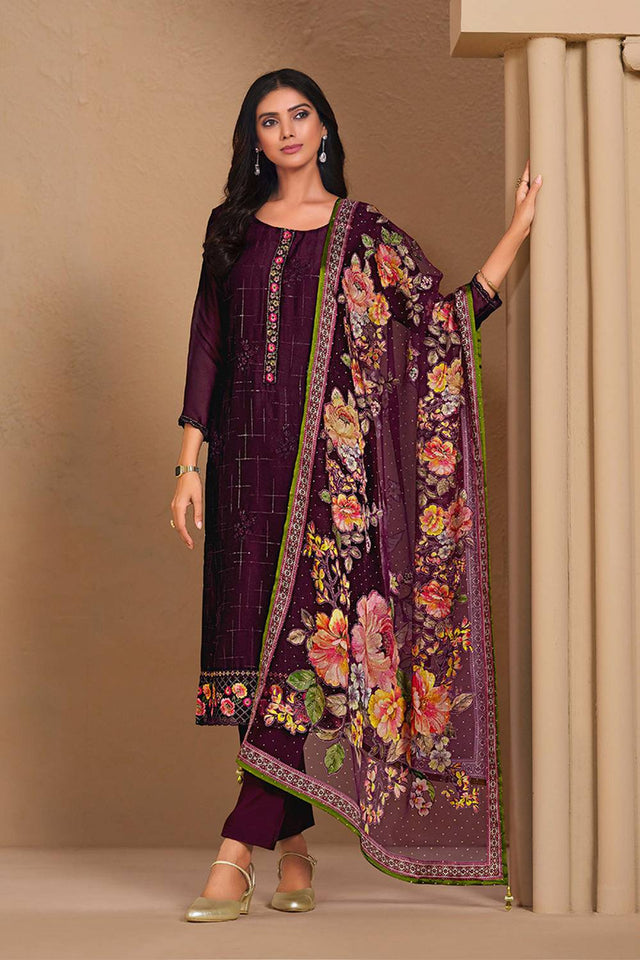Wine Floral Embroidered Chinon Straight Cut Suits