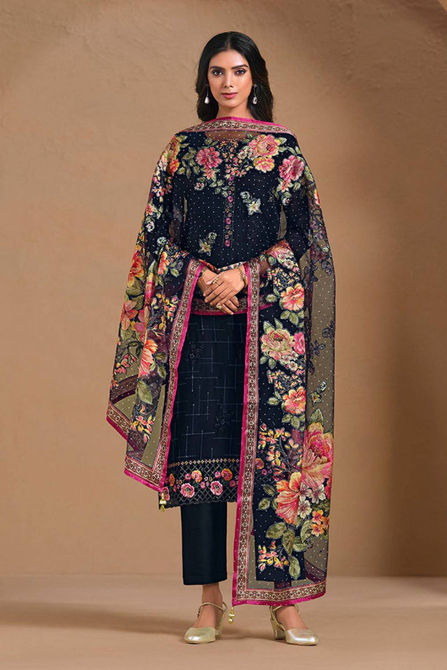 Blue Floral Embroidered Chinon Straight Cut Suits