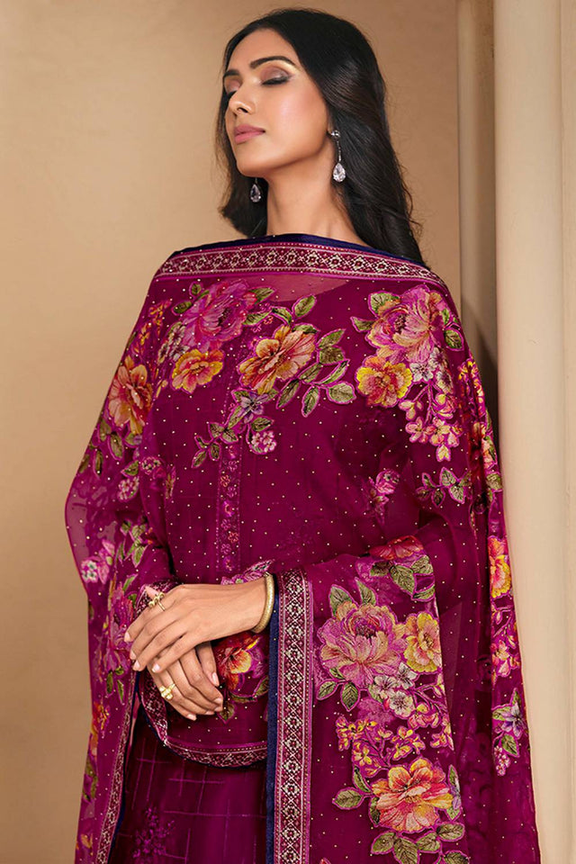 Violet Floral Embroidered Chinon Straight Cut Suits