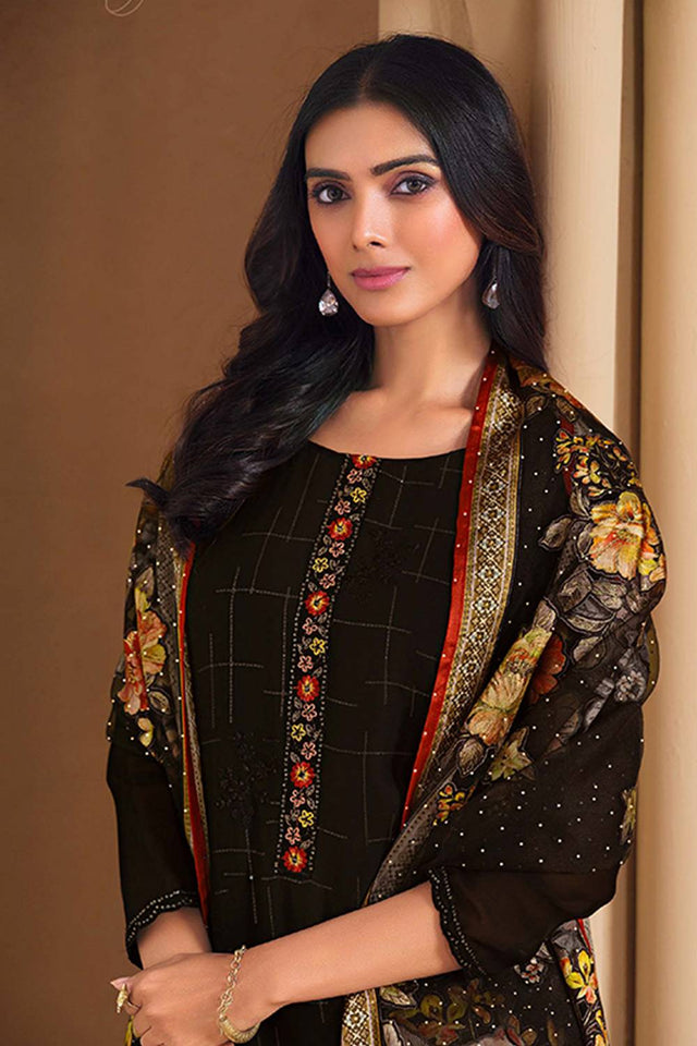 Black Floral Embroidered Chinon Straight Cut Suits