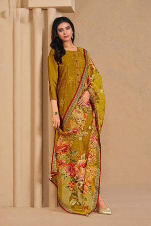 Yellow Floral Embroidered Chinon Straight Cut Suits