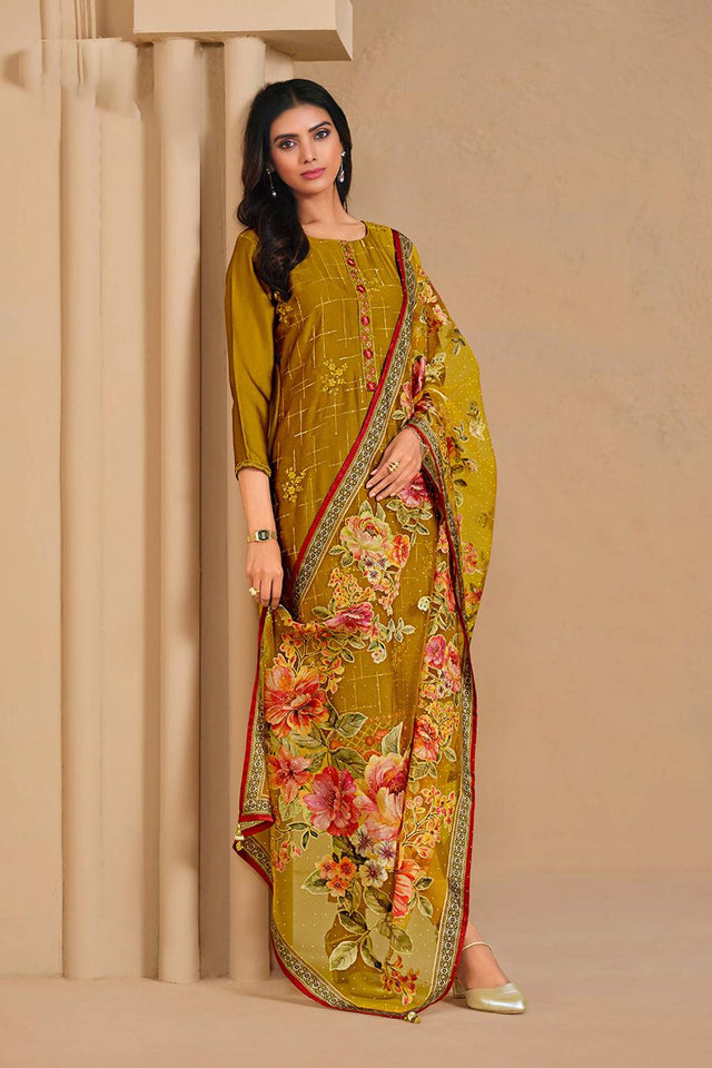 Yellow Floral Embroidered Chinon Straight Cut Suits