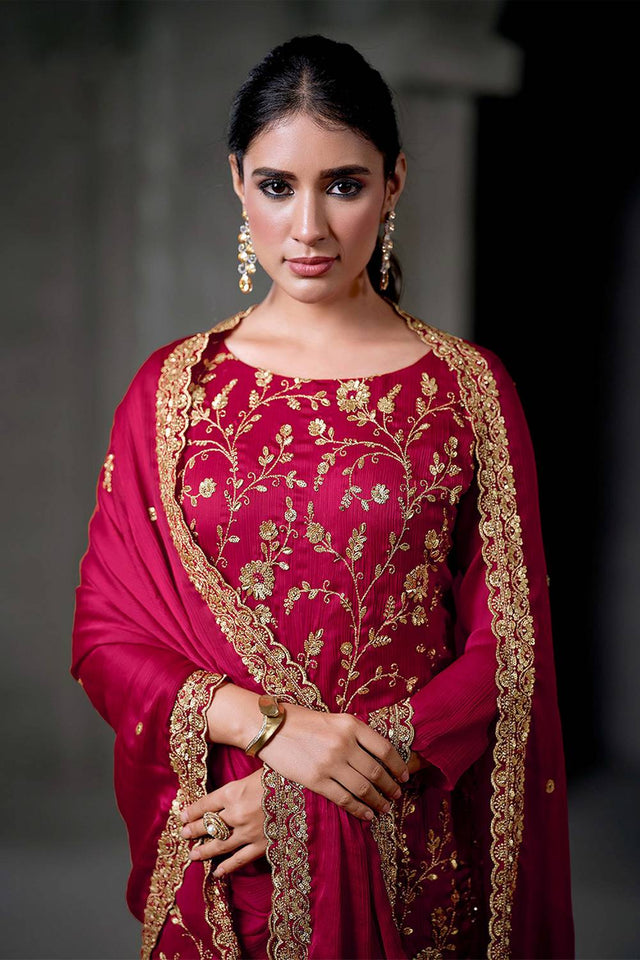 Pink Sequin with Embroidered Chiffon Straight Cut Suits