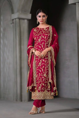 Pink Sequin with Embroidered Chiffon Straight Cut Suits