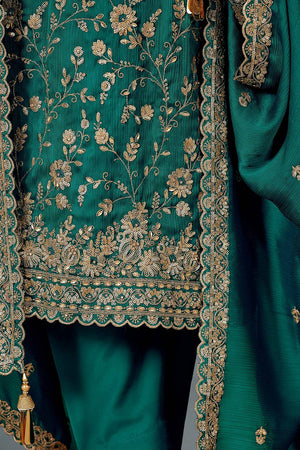 Turquoise Sequin with Embroidered Chiffon Straight Cut Suits
