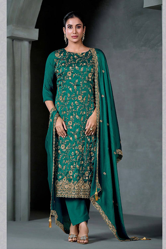 Turquoise Sequin with Embroidered Chiffon Straight Cut Suits