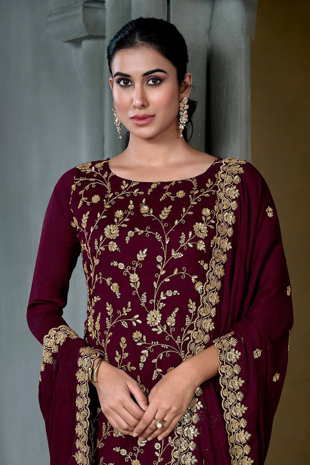 Maroon Sequin with Embroidered Chiffon Straight Cut Suits