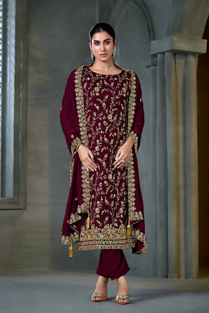 Maroon Sequin with Embroidered Chiffon Straight Cut Suits
