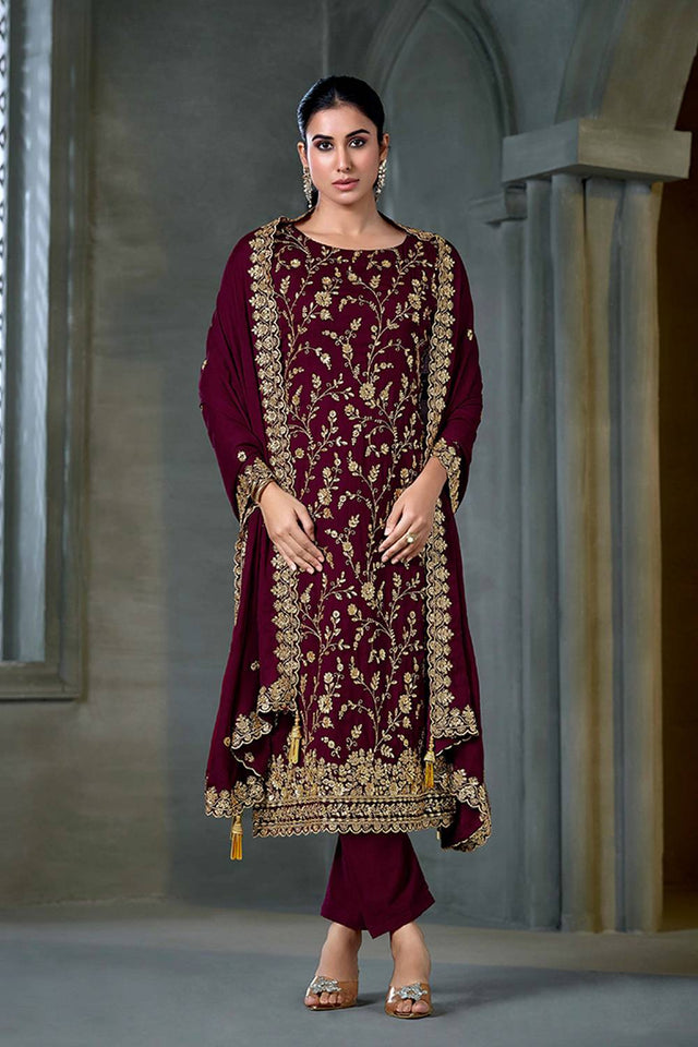 Maroon Sequin with Embroidered Chiffon Straight Cut Suits
