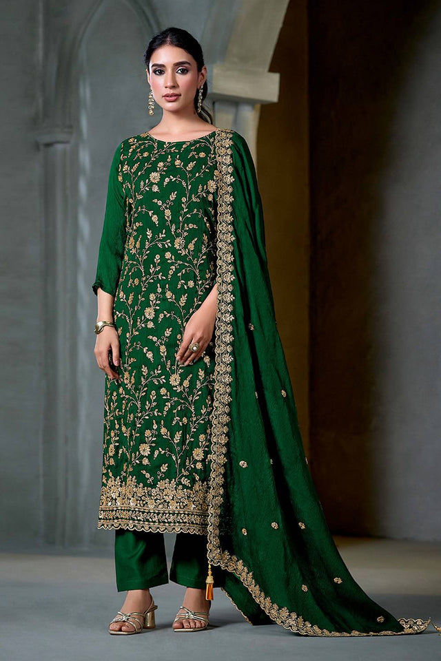Green Sequin with Embroidered Chiffon Straight Cut Suits