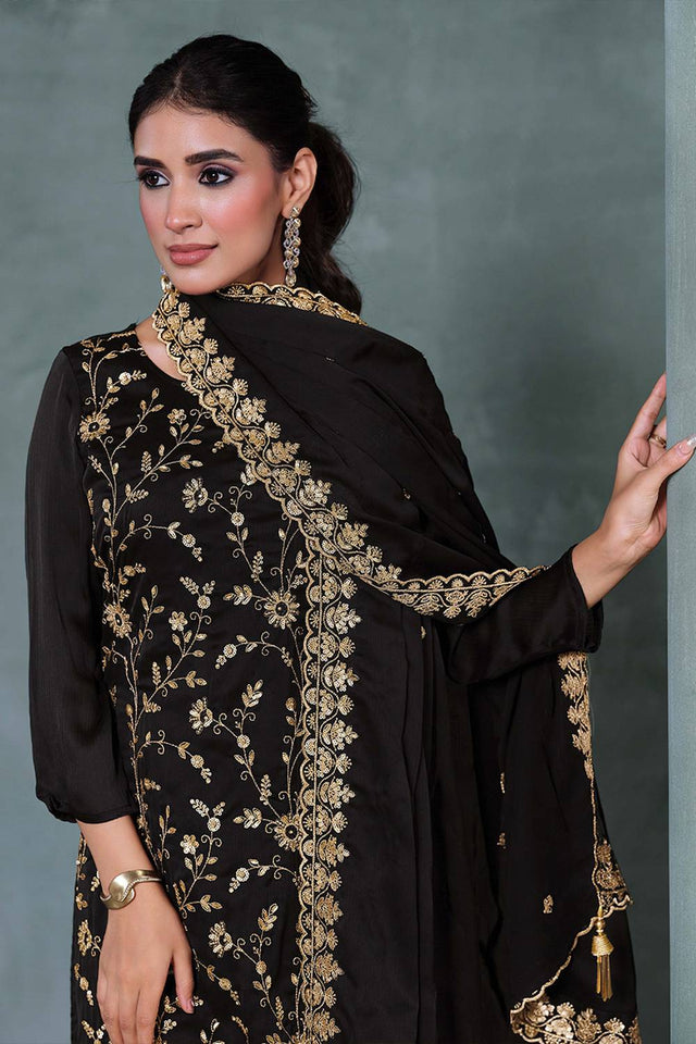 Black Sequin with Embroidered Chiffon Straight Cut Suits