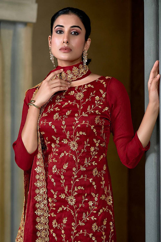 Red Sequin with Embroidered Chiffon Straight Cut Suits