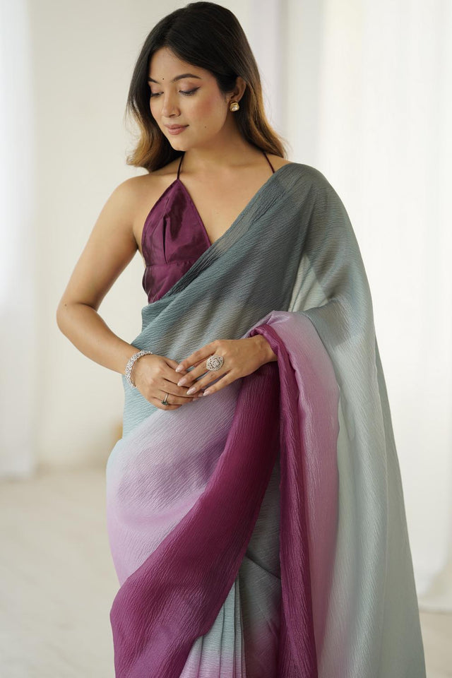 Grey Satin Silk Solid Ready to Wear Saree