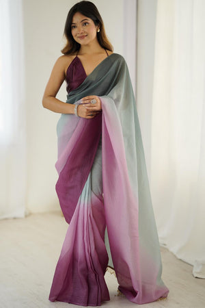 Grey Satin Silk Solid Ready to Wear Saree