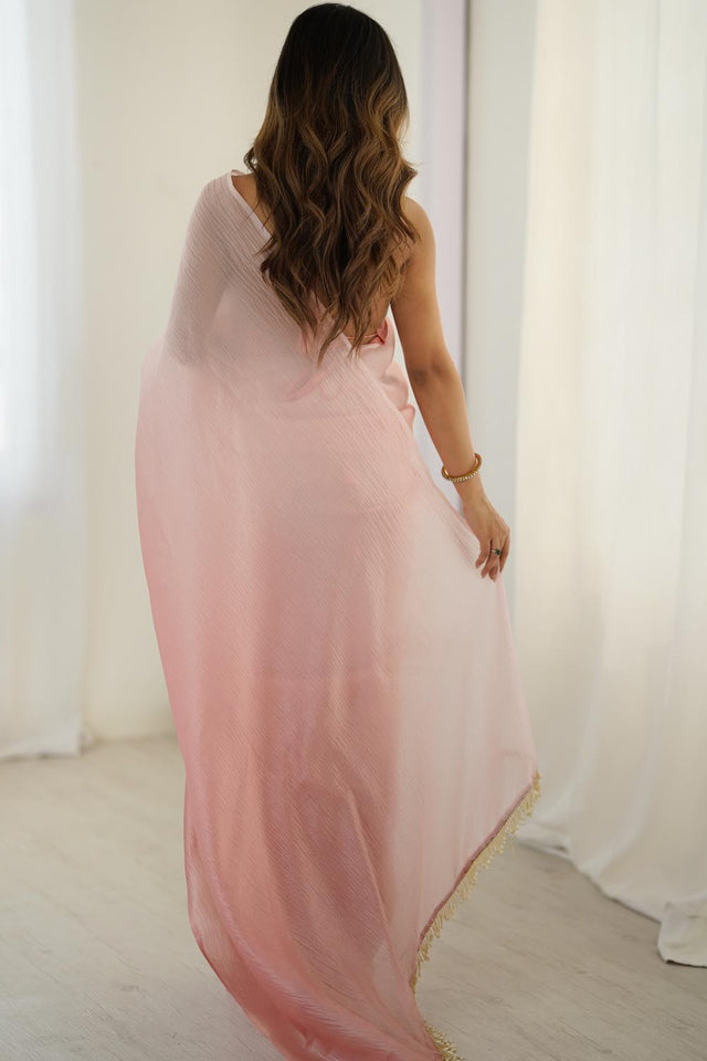 Peach Satin Silk Solid Ready to Wear Saree