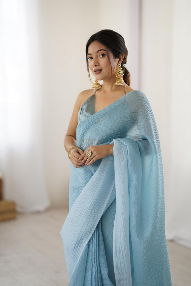 Blue Satin Silk Solid Ready to Wear Saree