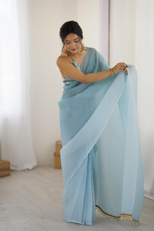 Blue Satin Silk Solid Ready to Wear Saree