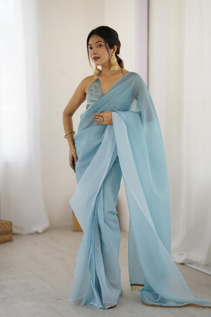 Blue Satin Silk Solid Ready to Wear Saree