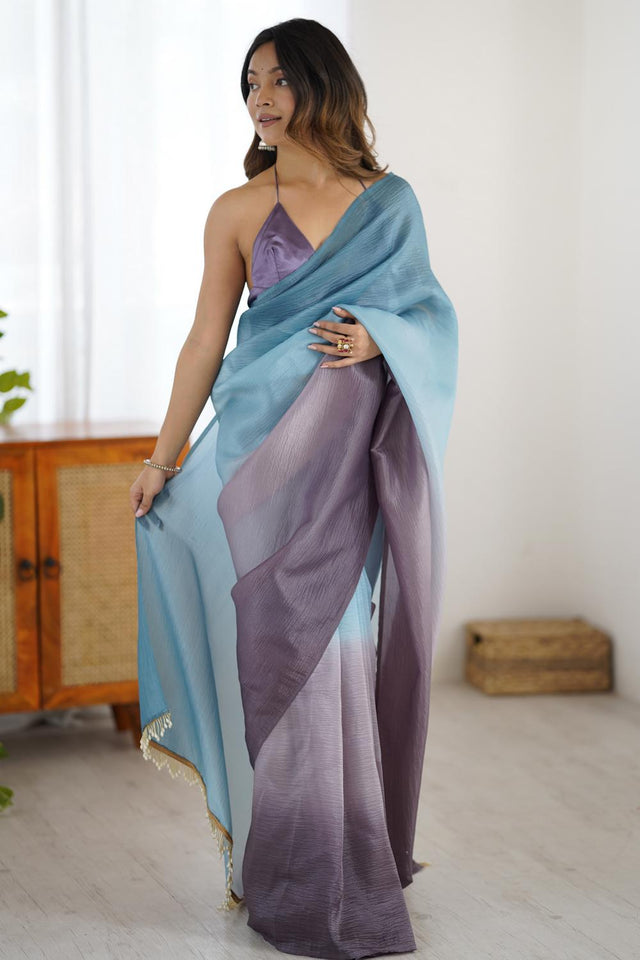 Blue Satin Silk Solid Ready to Wear Saree