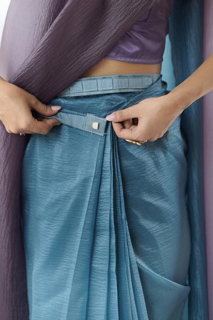 Blue Satin Silk Solid Ready to Wear Saree