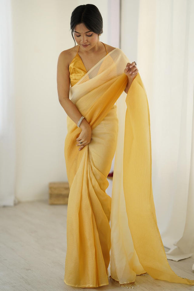 Yellow Satin Silk Solid Ready to Wear Saree