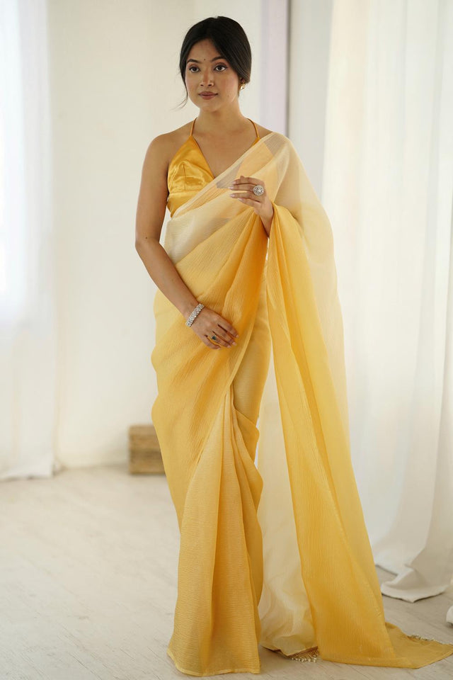 Yellow Satin Silk Solid Ready to Wear Saree