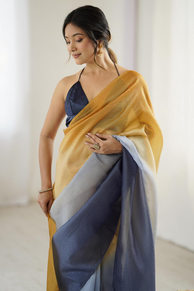 Yellow Satin Silk Solid Ready to Wear Saree